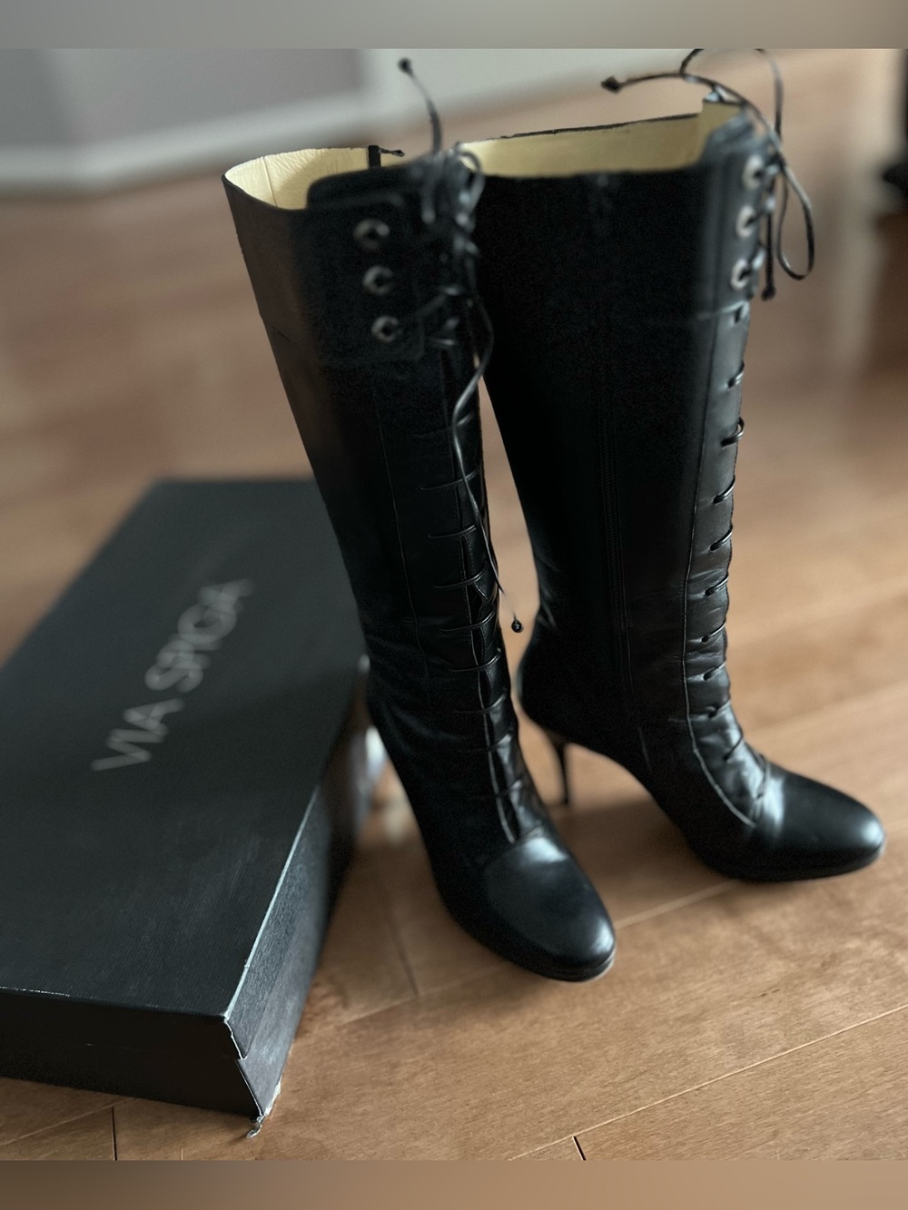 Via Spiga Made in Italy Black Leather Lace Up Stiletto High Heel Knee Boots 7M